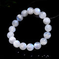 Natural blue moonlight round bead bracelet in white with polished moonstone beads, showing geometry shape and size range from 5 to 10mm