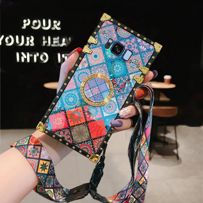 Samsung S8 silicone protective case with Bohemian style blue mirror frame in luxury square design