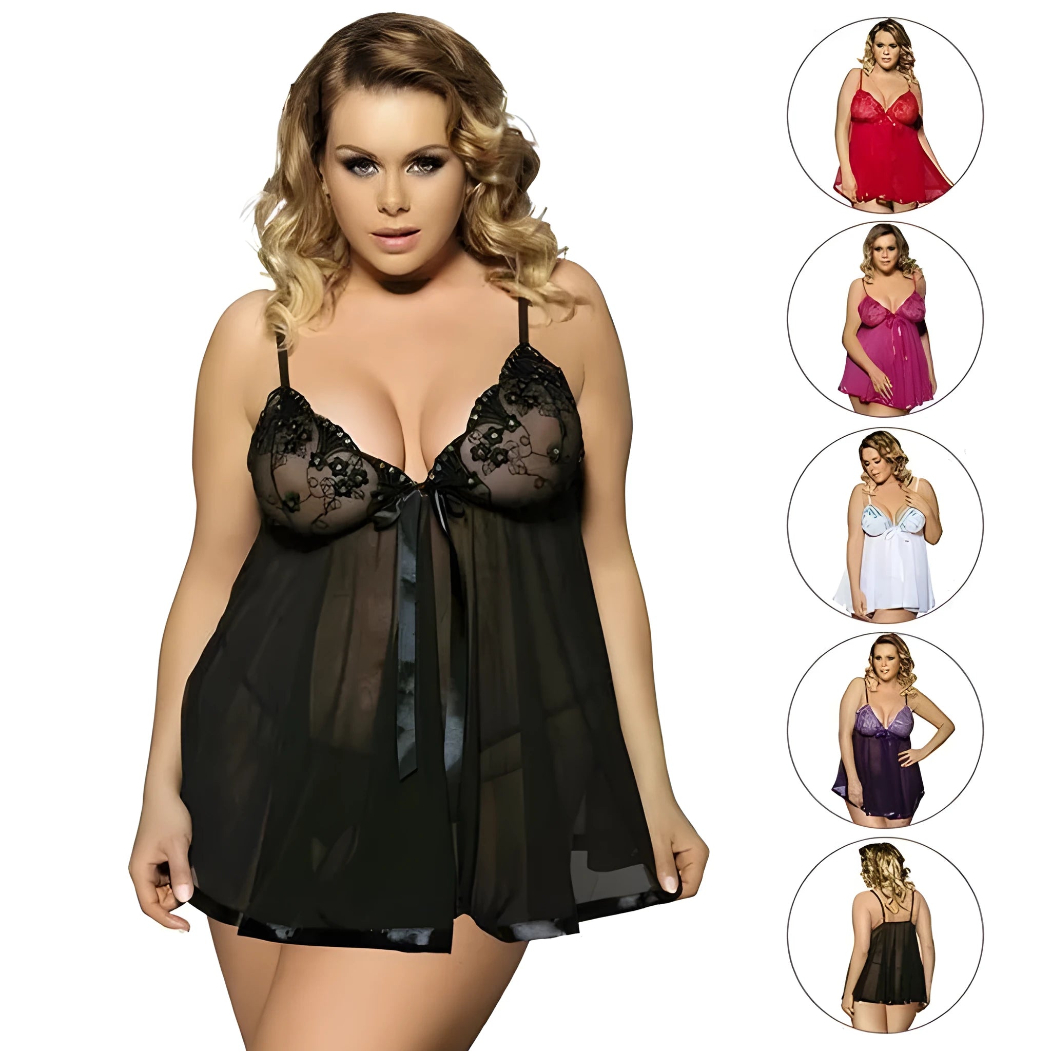 Women's sleeveless lace sleepdress in polyester mesh available in multiple colours and sizes up to 6XL