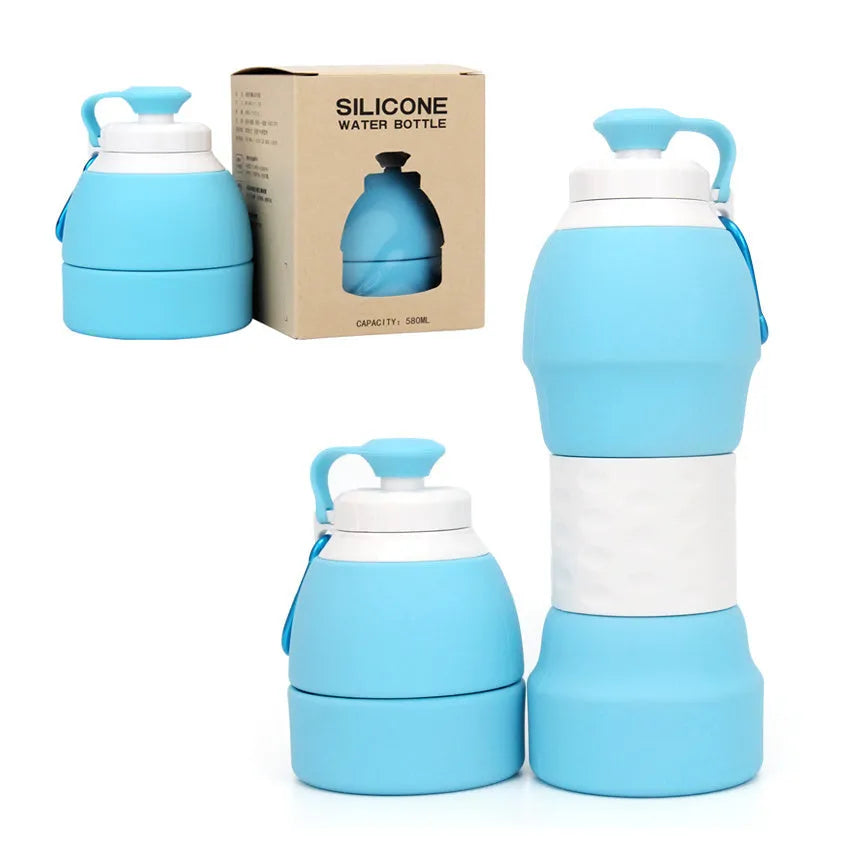 Blue silicone folding water bottle shown full at 22cm tall and folded flat at 11cm tall