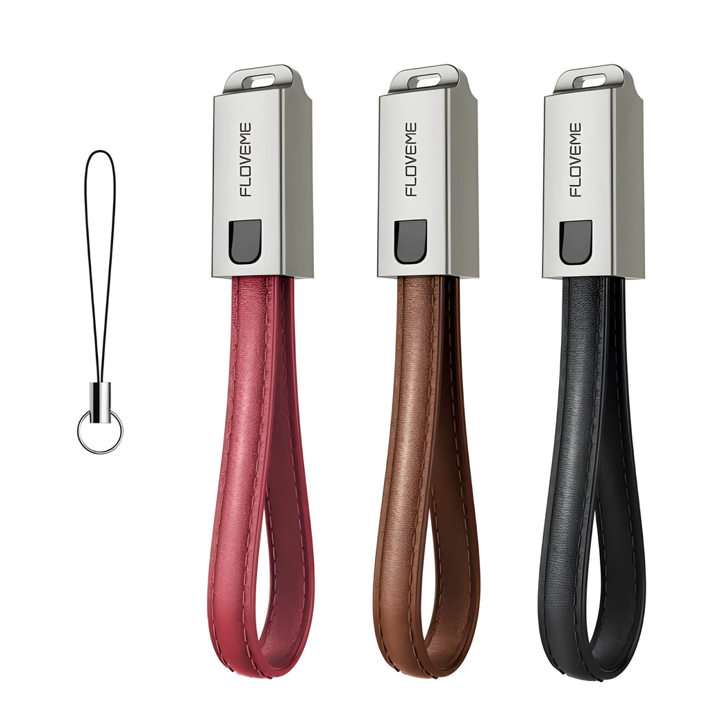 Short leather-wrapped USB-C to Lightning charging cable in black, brown, or red colour with zinc alloy connector