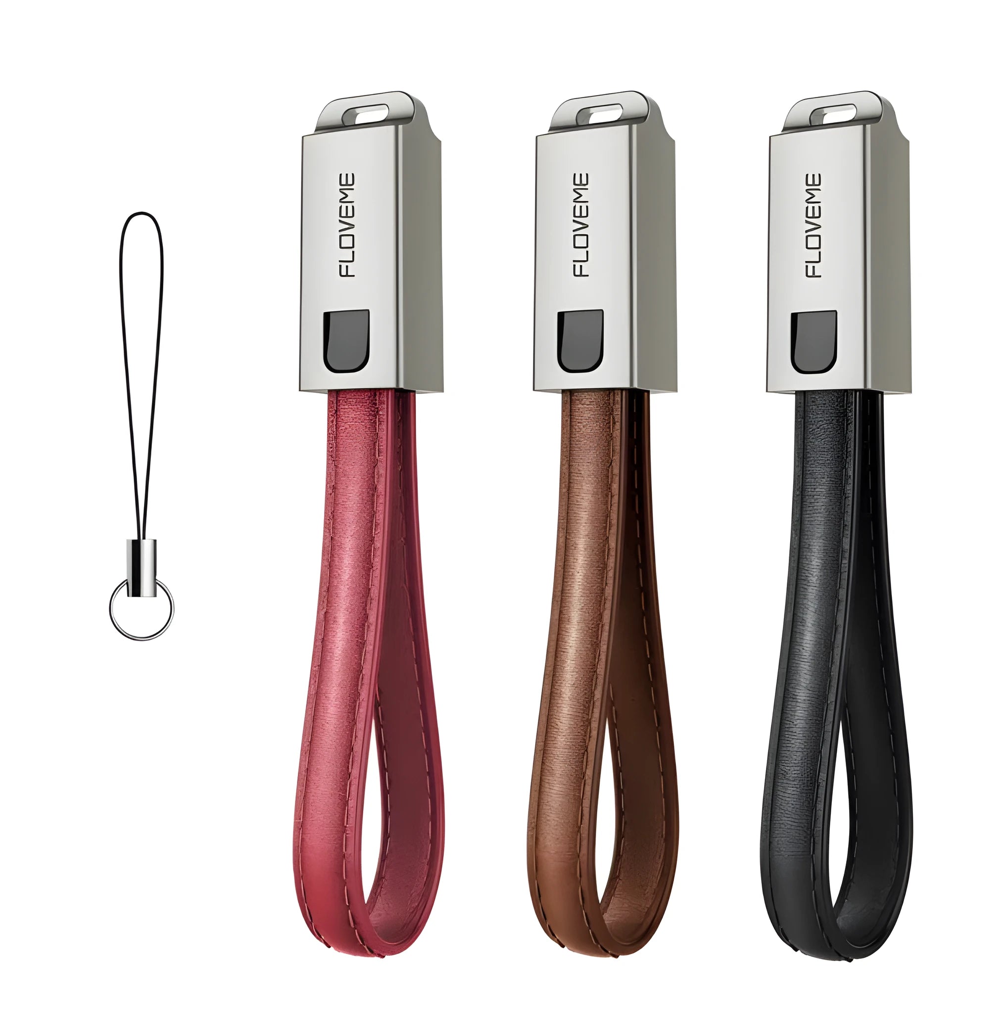 Short leather-wrapped USB-C to Lightning charging cable in black, brown, or red colour with zinc alloy connector