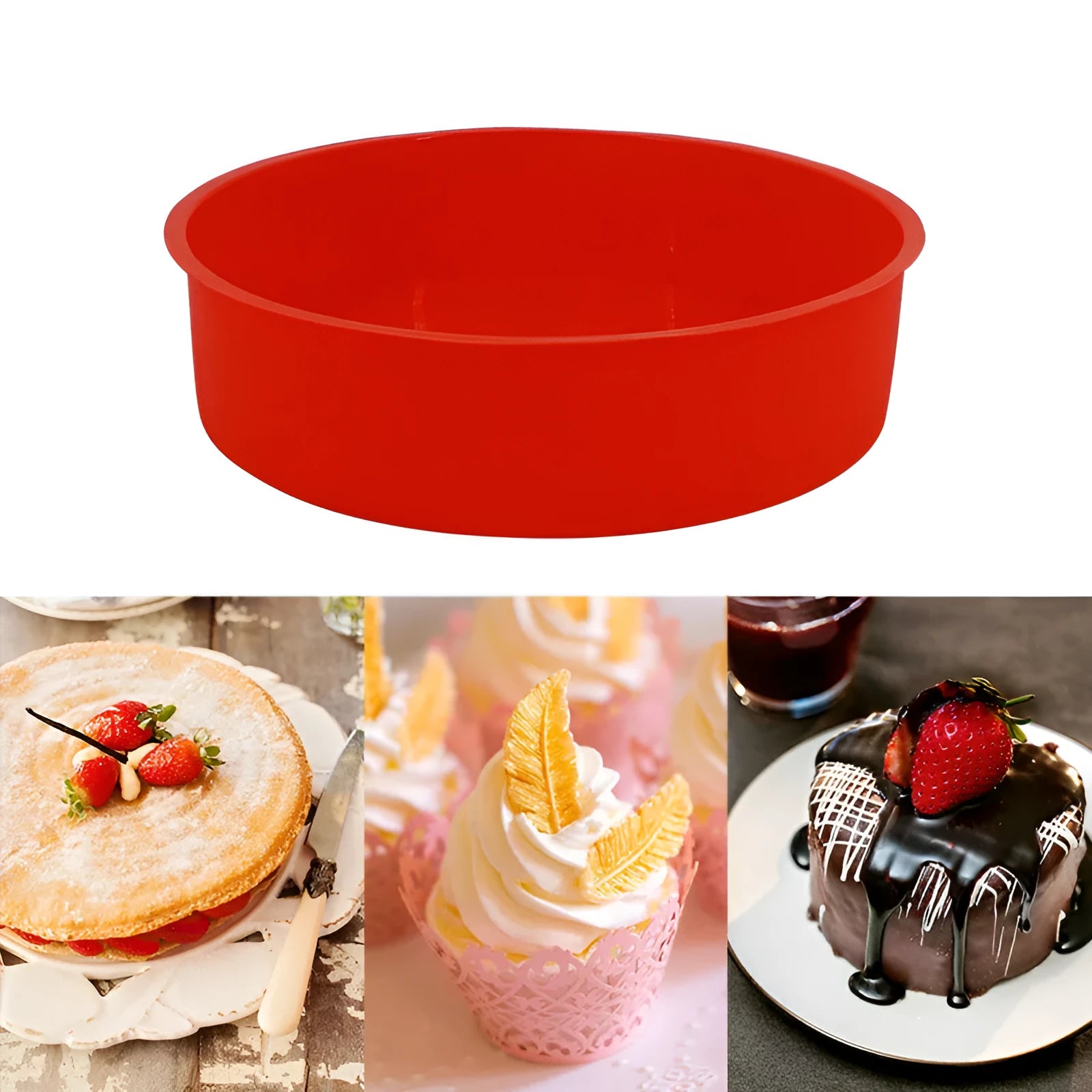 Red round silicone cake mould showing three sizes: 4-inch, 6-inch, and 8-inch diameters