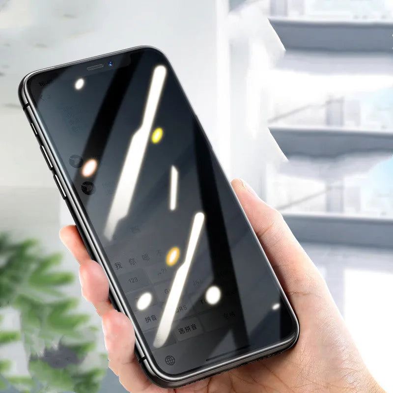 9D tempered glass privacy screen protector for Apple iPhone showing anti-glare surface.