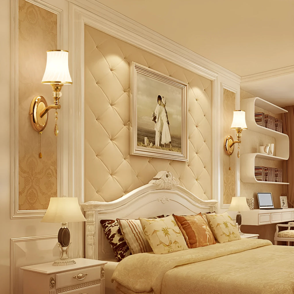 European wall lamp with glass shade in single and double head configurations for bedroom lighting