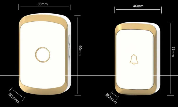 White wireless doorbell receiver plugged into UK mains socket beside black transmitter with push button