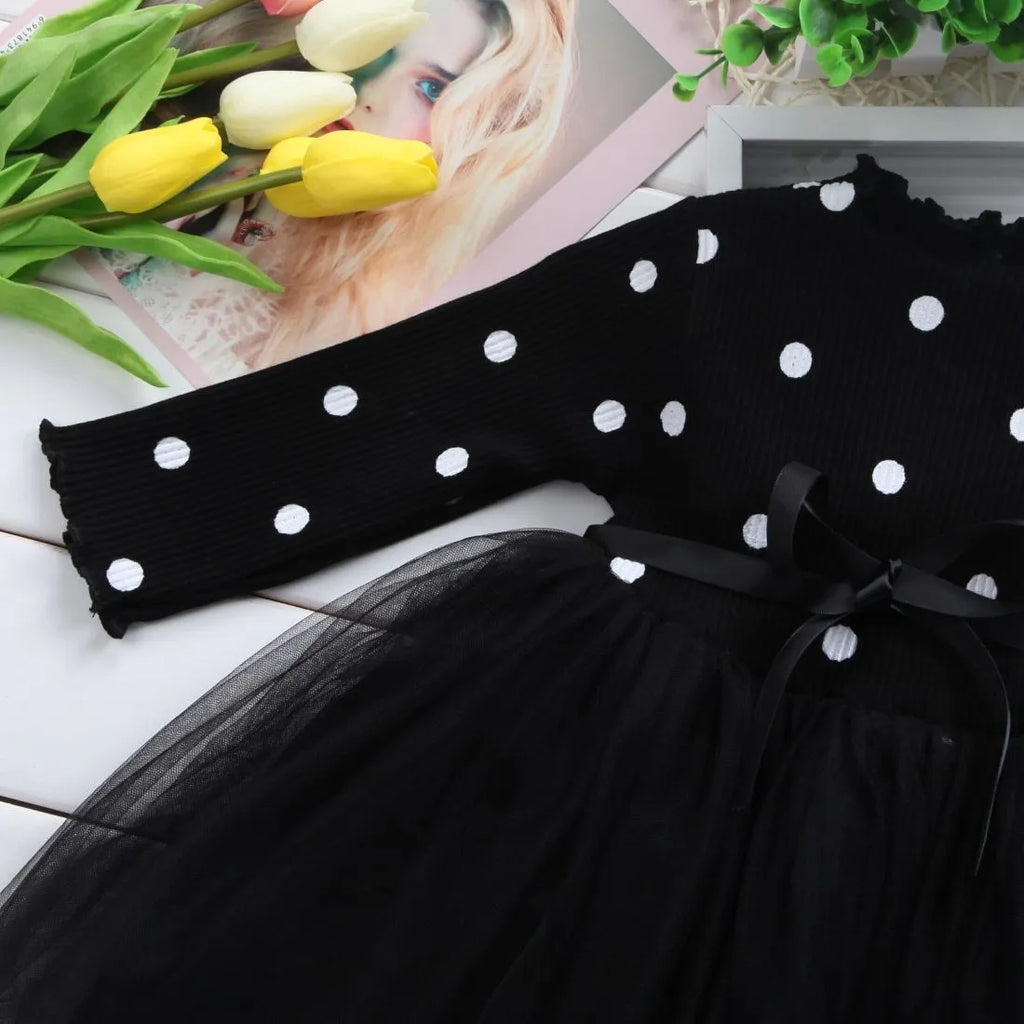 Baby girls long sleeve tutu lace dress with lace detailing, available in black, pink, white for ages 3-8 years