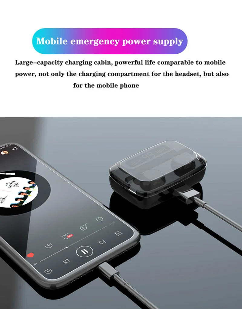 Black Bluetooth wireless headset with digital power display showing battery percentage, placed in charging case