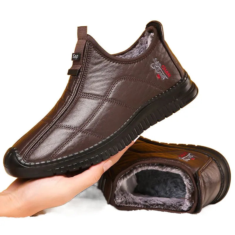 Brown men's winter cotton boots with buckle fastening and a thick non-slip platform sole