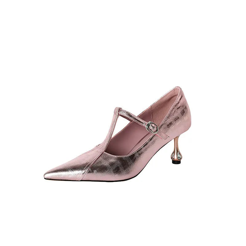 Genuine leather Mary Jane shoes with pigskin lining, 3-5cm chunky heel, and pointed-toe design in gun colour.