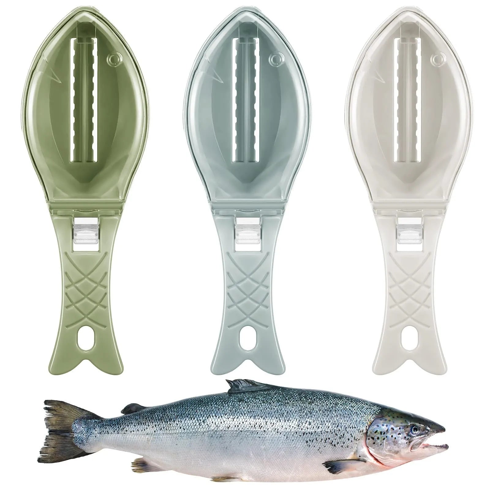 White fish-shaped kitchen scaler tool with a cover and hanging hole on handle