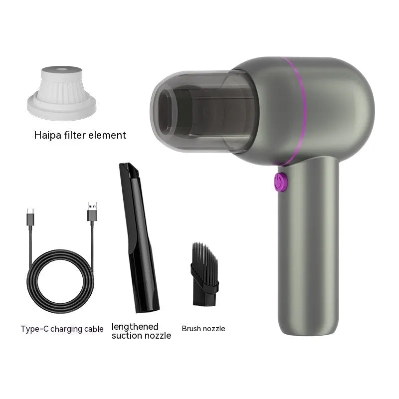 Grey handheld portable car vacuum cleaner with rechargeable battery and inflation function