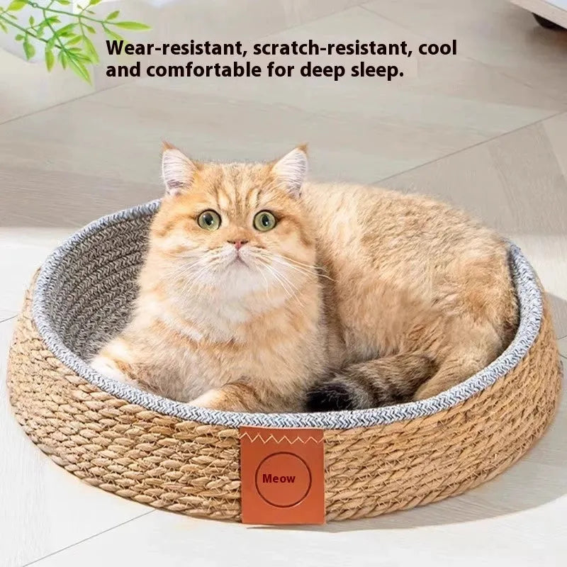 Natural woven rattan cat bed or nest for pets, shown in a bowl shape.