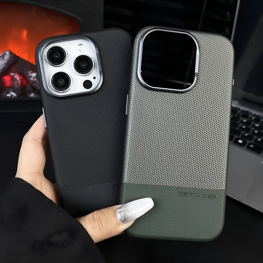 iPhone magnetic phone case with dragon scale texture and stitching detail in black, grey and green colours