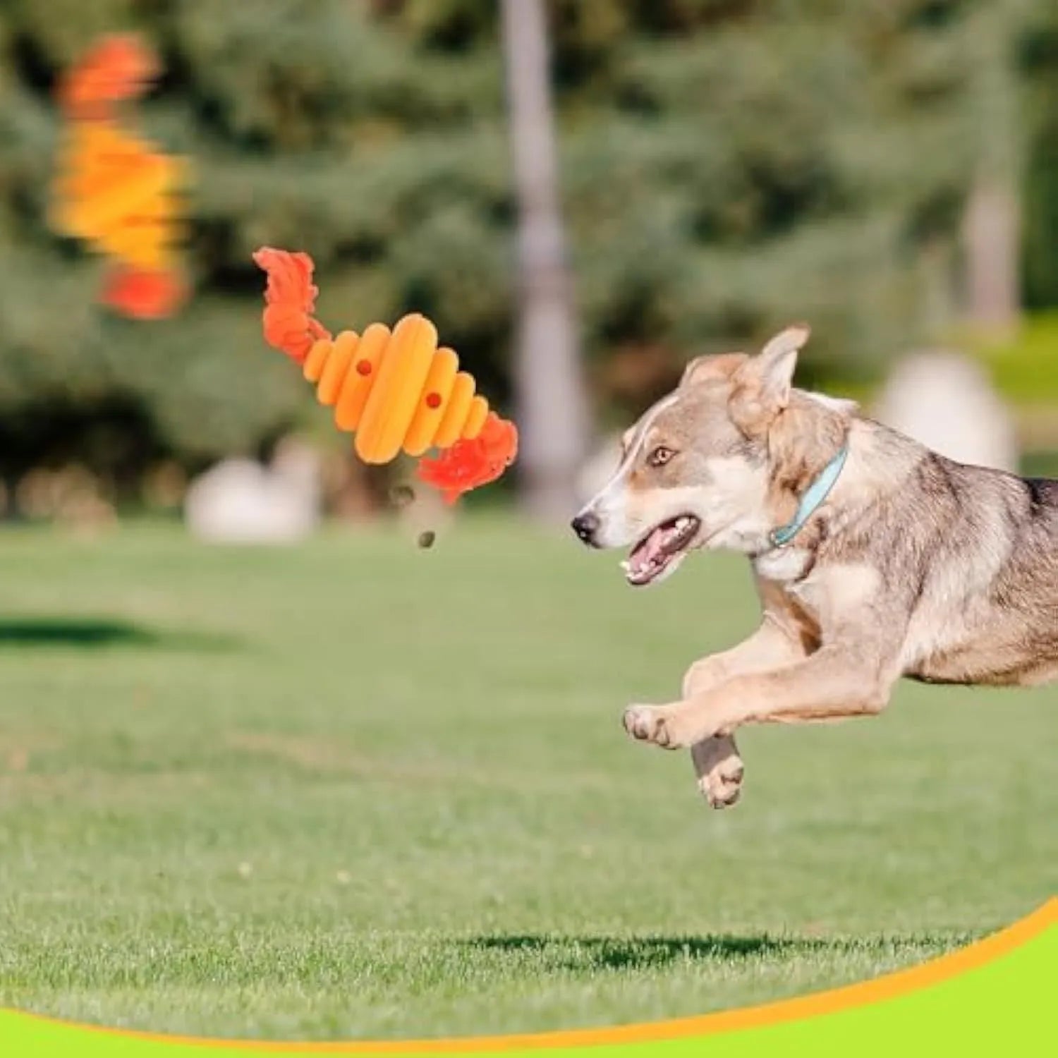Green and yellow dog ball with rope toy, food dispenser design for large dogs, 12cm size