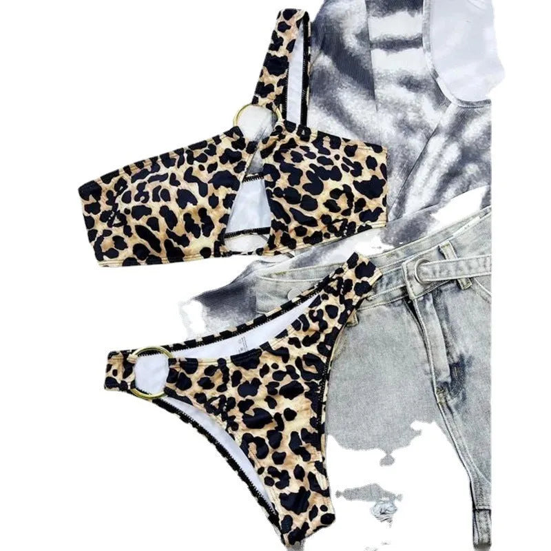 Women's leopard print bikini set with hollow out design and polka dot pattern