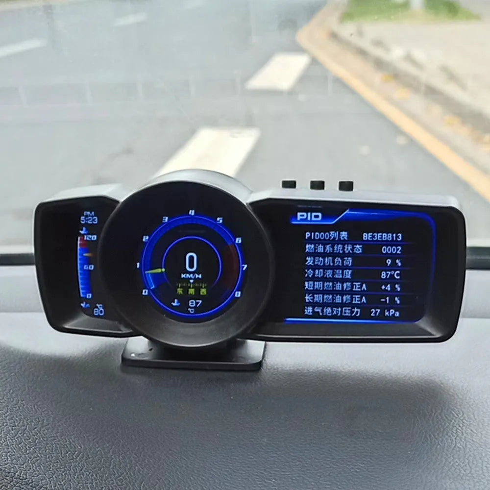 Monitor Driving Computer A600 with 480x320 TFT screen on vehicle dashboard, showing OBDII connection and multilingual display options.