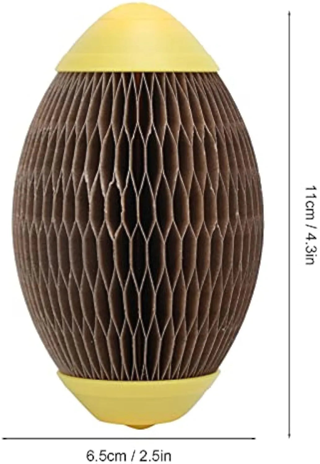 Elliptical catnip ball toy made of recycled corrugated paper, 65mm by 108mm, for scratching and play