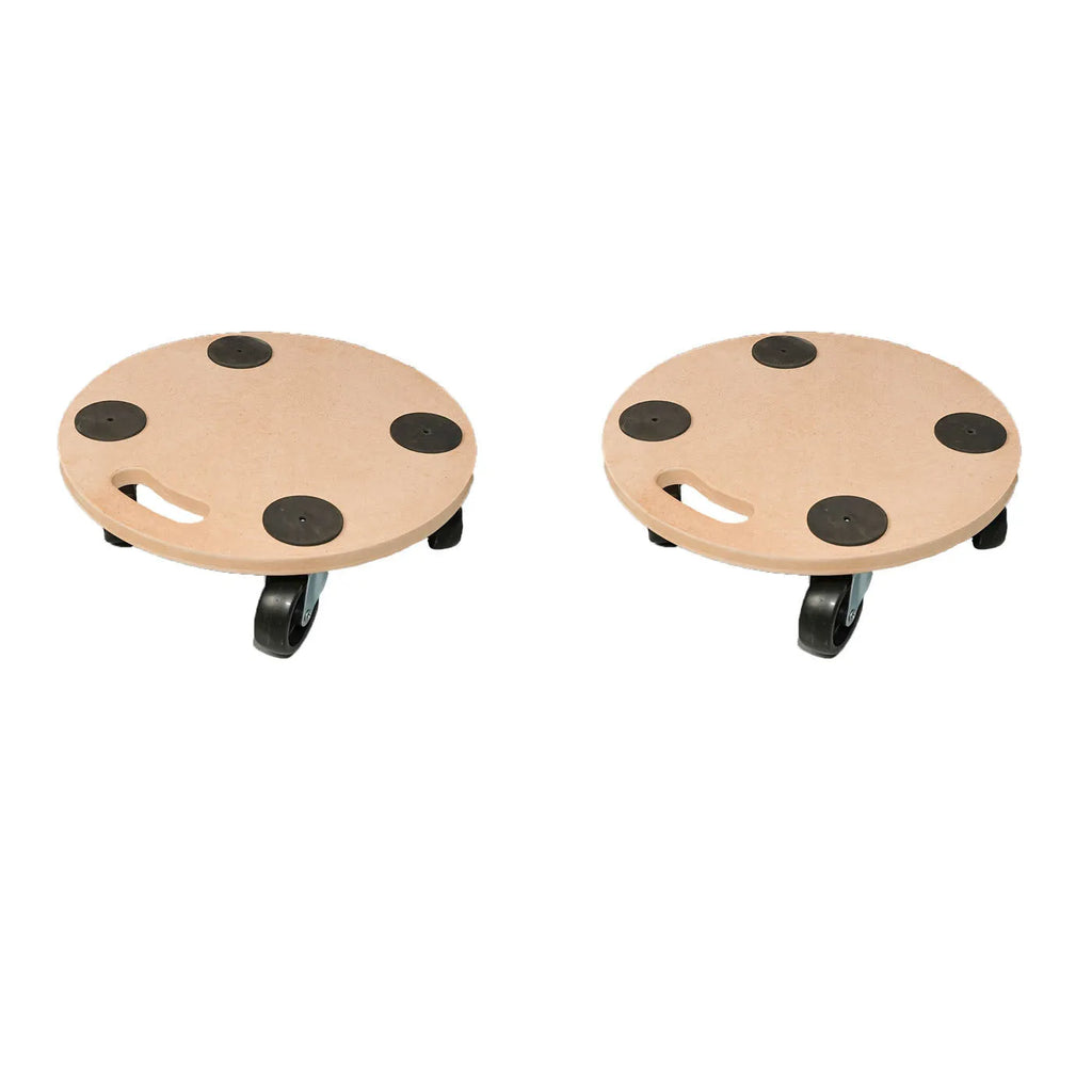 Two wooden platform mover trolleys with natural wood finish