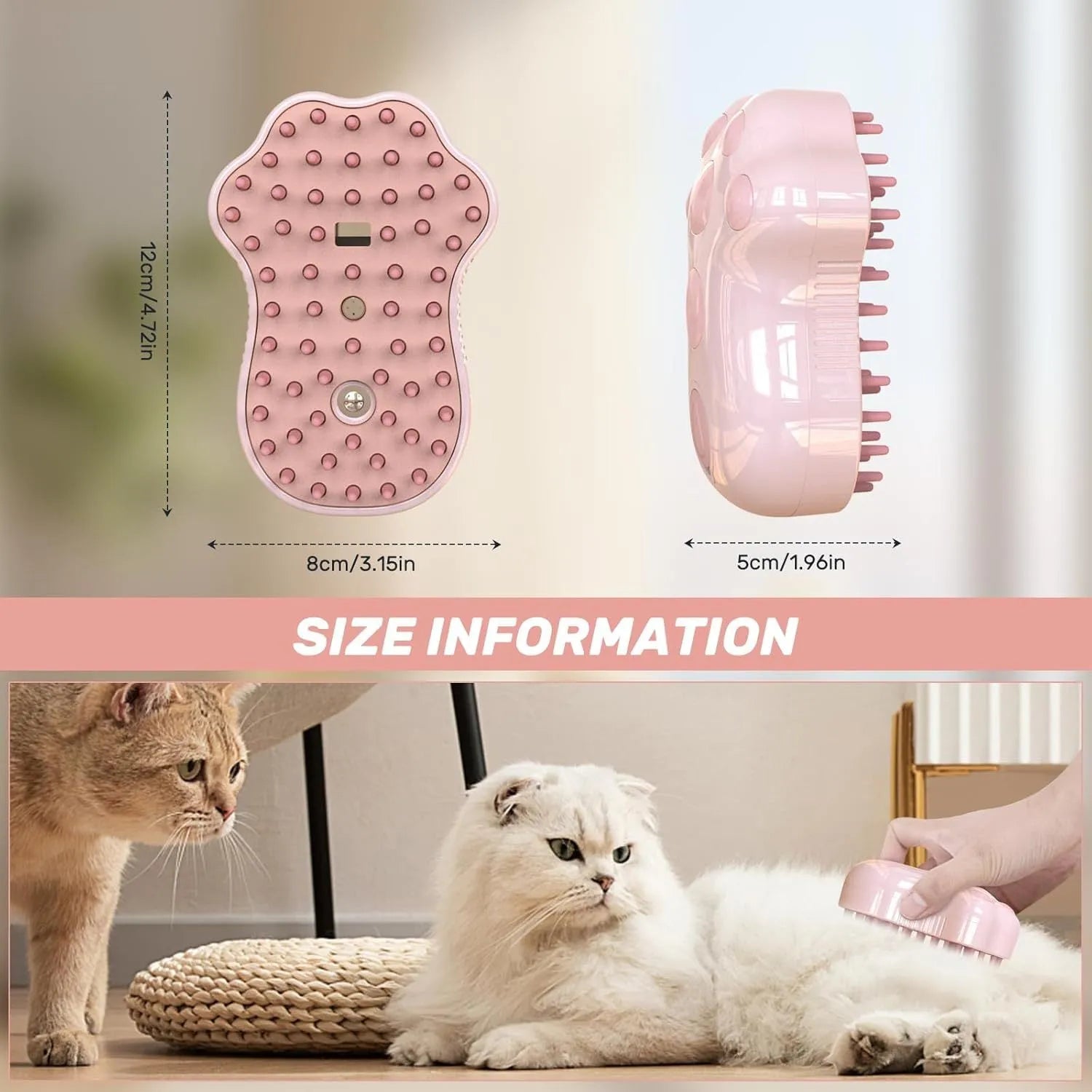 Blue self-cleaning cat steam brush with silicone heads and release button for pet grooming