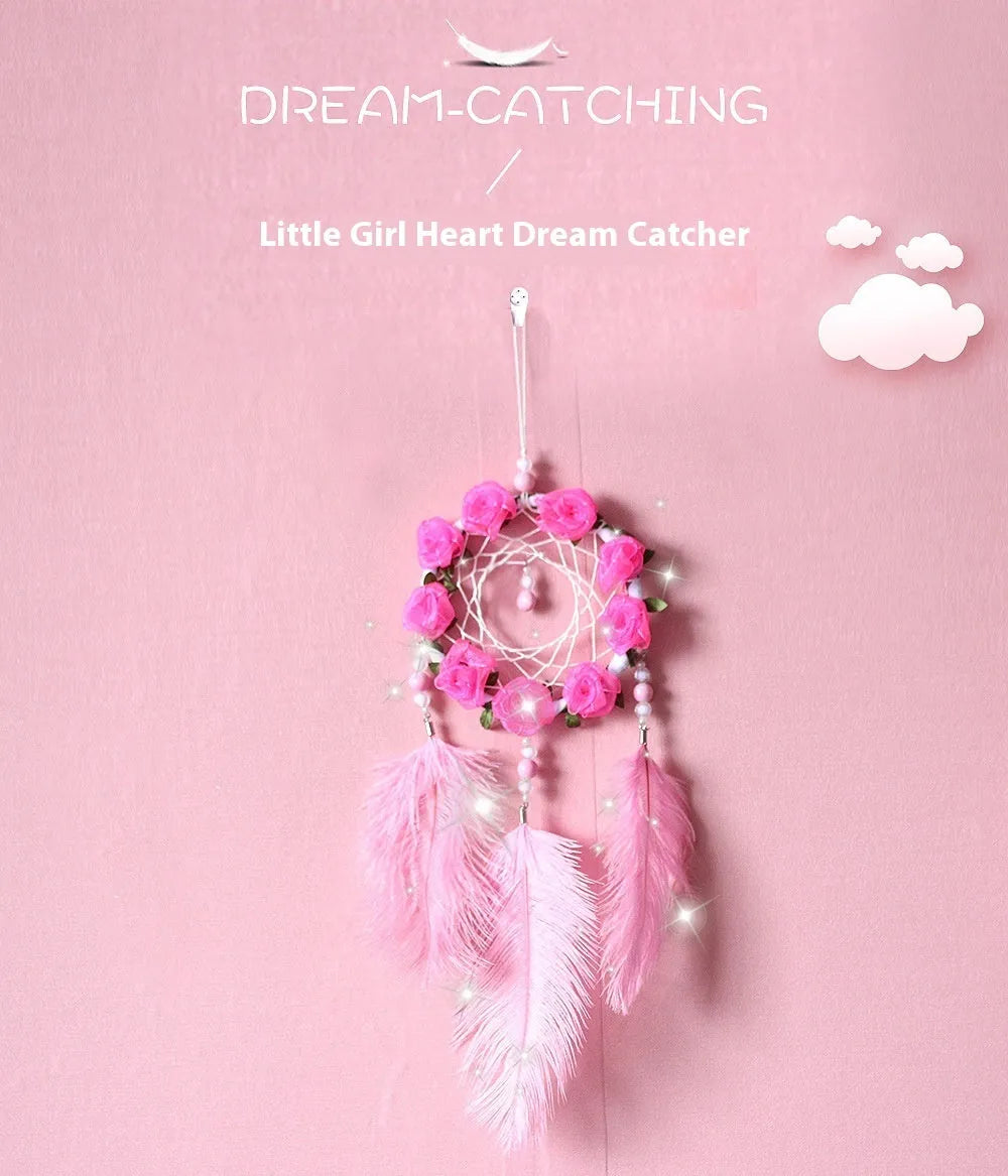 Pink ostrich feather dreamcatcher wind chimes wall decoration measuring 10cm
