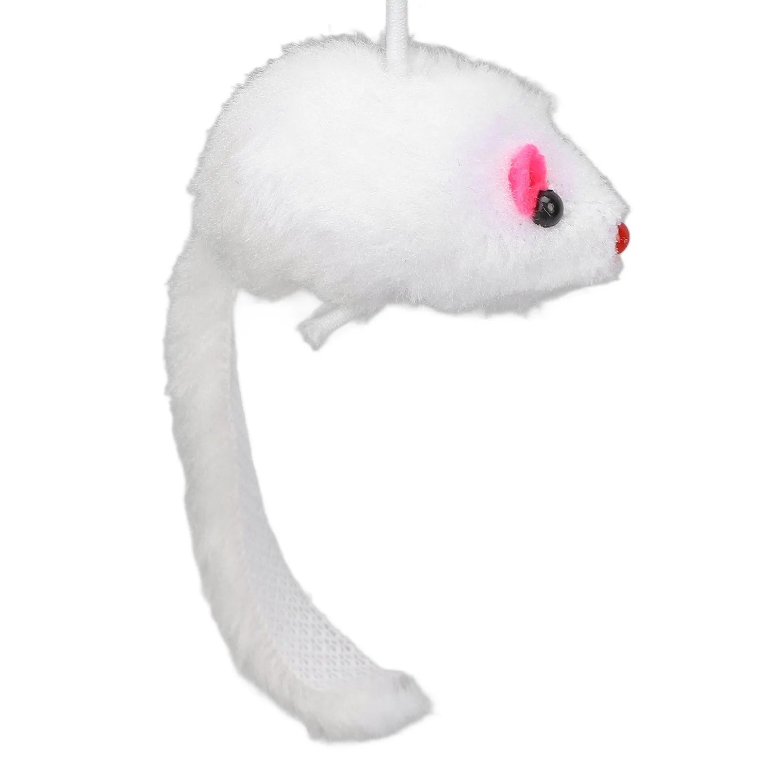 Interactive cat toy with bell ball and plush mouse stick on blue background