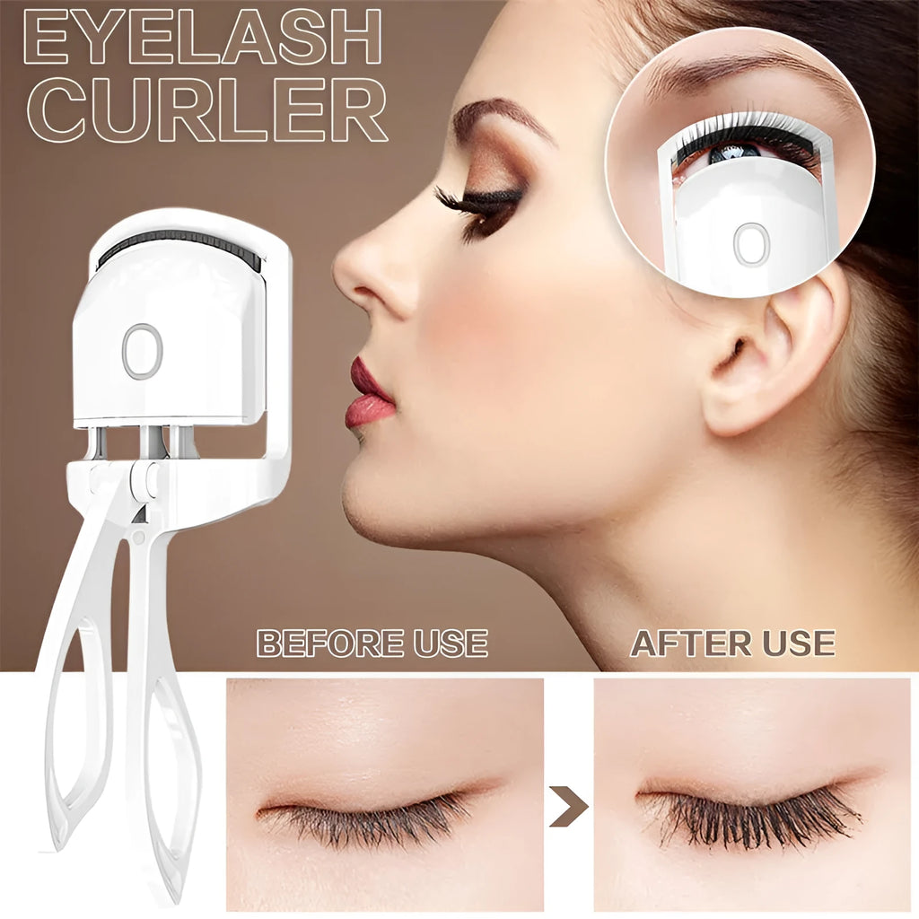 Pink and white USB rechargeable heated eyelash curler with temperature control buttons.