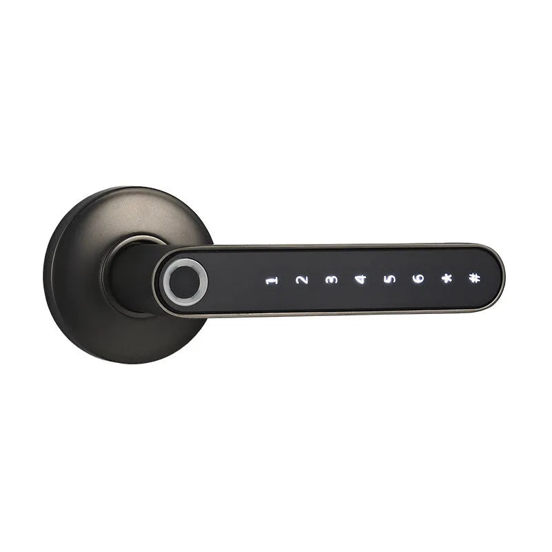 Black alloy smart lock with fingerprint sensor and Bluetooth app control for keyless door security