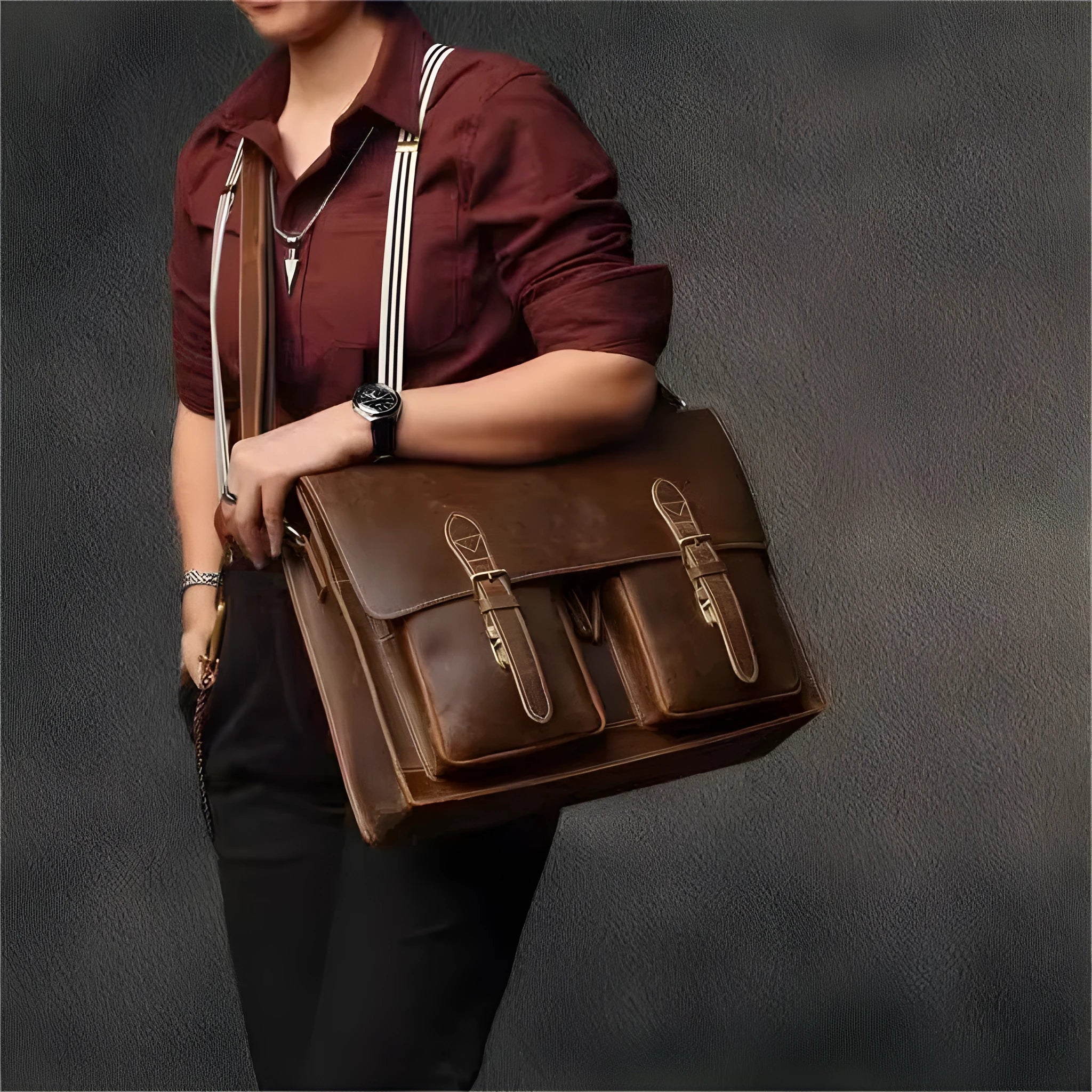 Dark brown cowhide leather computer bag with crossbody strap and anti-theft features