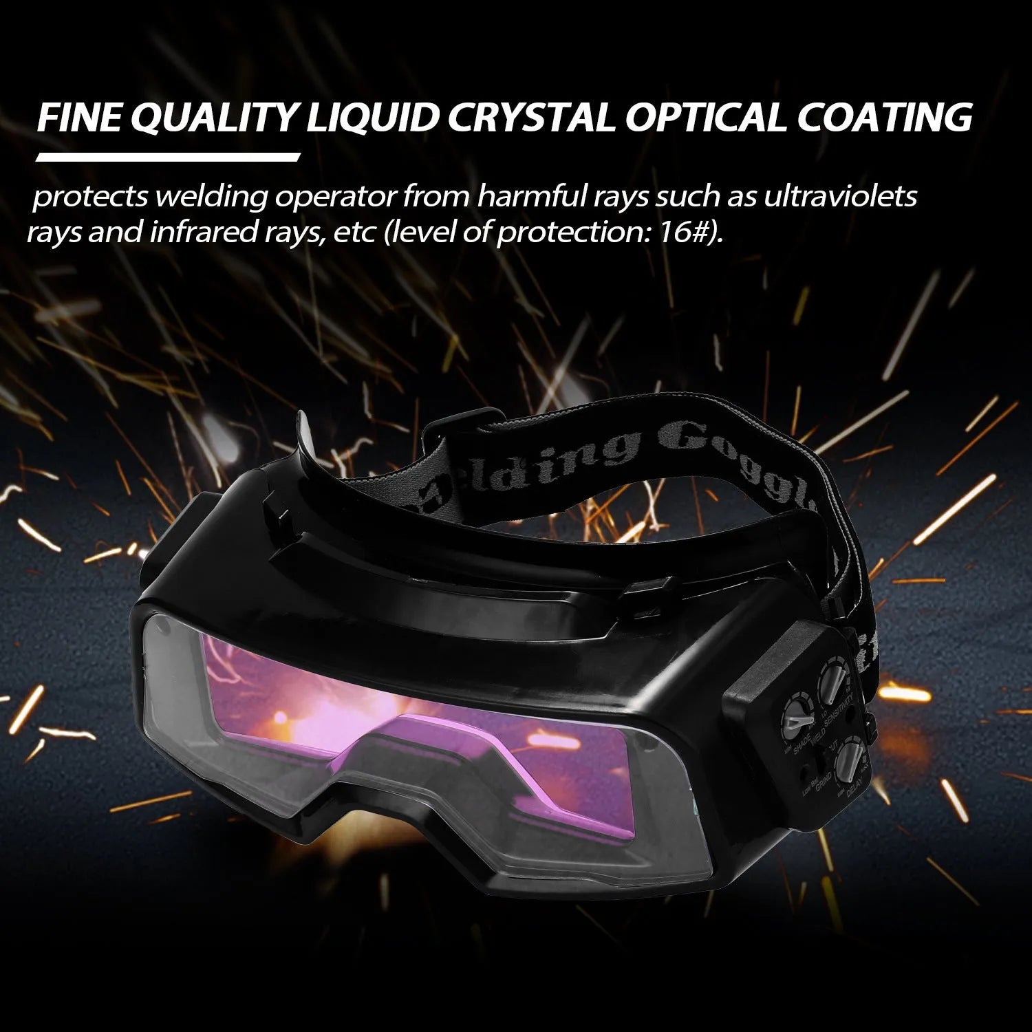 Black automatic welding mask with 122.5x35mm viewing area showing automatic darkening lens and adjustable headgear