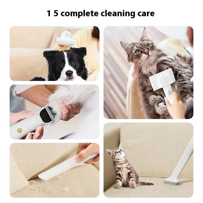 Pink and white multifunctional pet grooming vacuum cleaner with hose, clipper, and attachments on a white background.