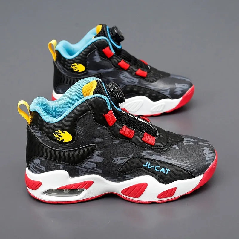 Children's rotating button basketball shoes in black with waterproof PU sole and synthetic leather upper