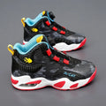 Children's rotating button basketball shoes in black with waterproof PU sole and synthetic leather upper
