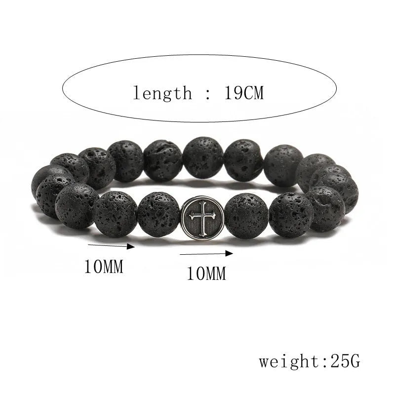 Stainless steel bracelet with 10mm volcanic agate beads and 19mm geometric clasp on a wrist