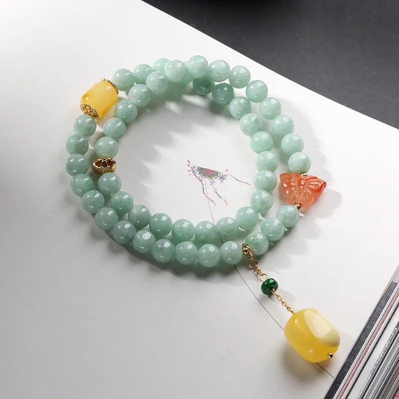 Double-layer jade bracelet with emerald round beads and beeswax barrel beads in retro geometric style