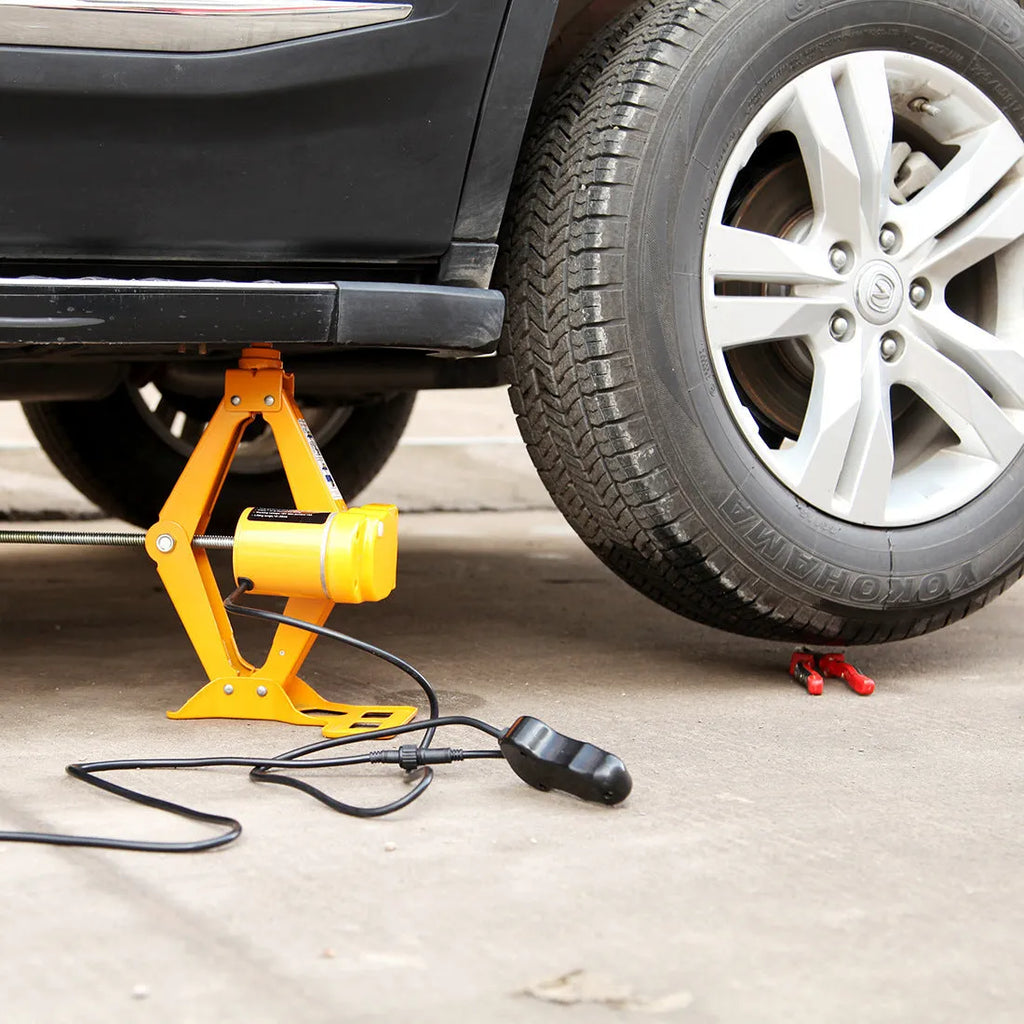 Vehicle-mounted electric hydraulic jack with 2-tonne capacity, showing height adjustment from 120mm to 350mm