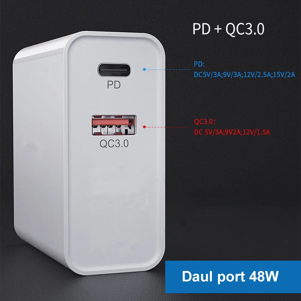 White fast charge charger with multiple USB ports for PD and QC 3.0 mobile phone charging