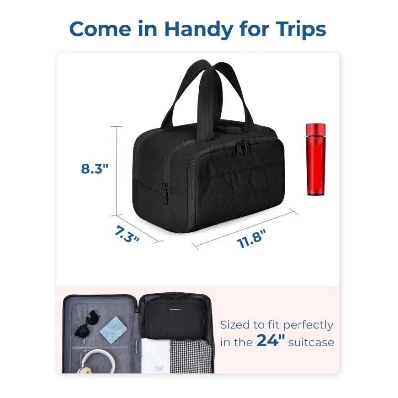 Travel toiletry bag in black with wide-open design showing interior space, dimensions 29.97x18.54x21.08cm