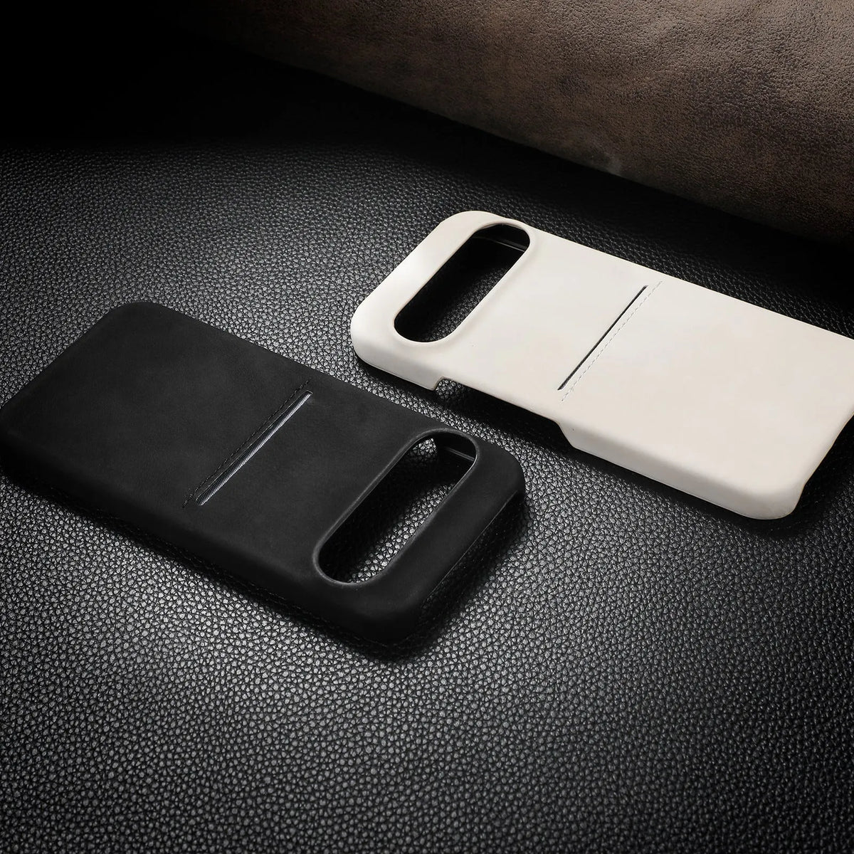Google Pixel phone case in vintage sheepskin with hard PC shell, frosted finish and card-insertion slot