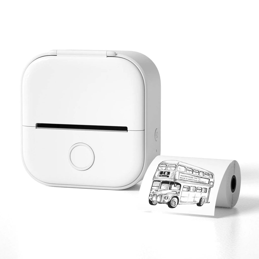 Mini thermal printer with rabbit ear protective case showing colour options including pink, green, white, blue, and yellow variants