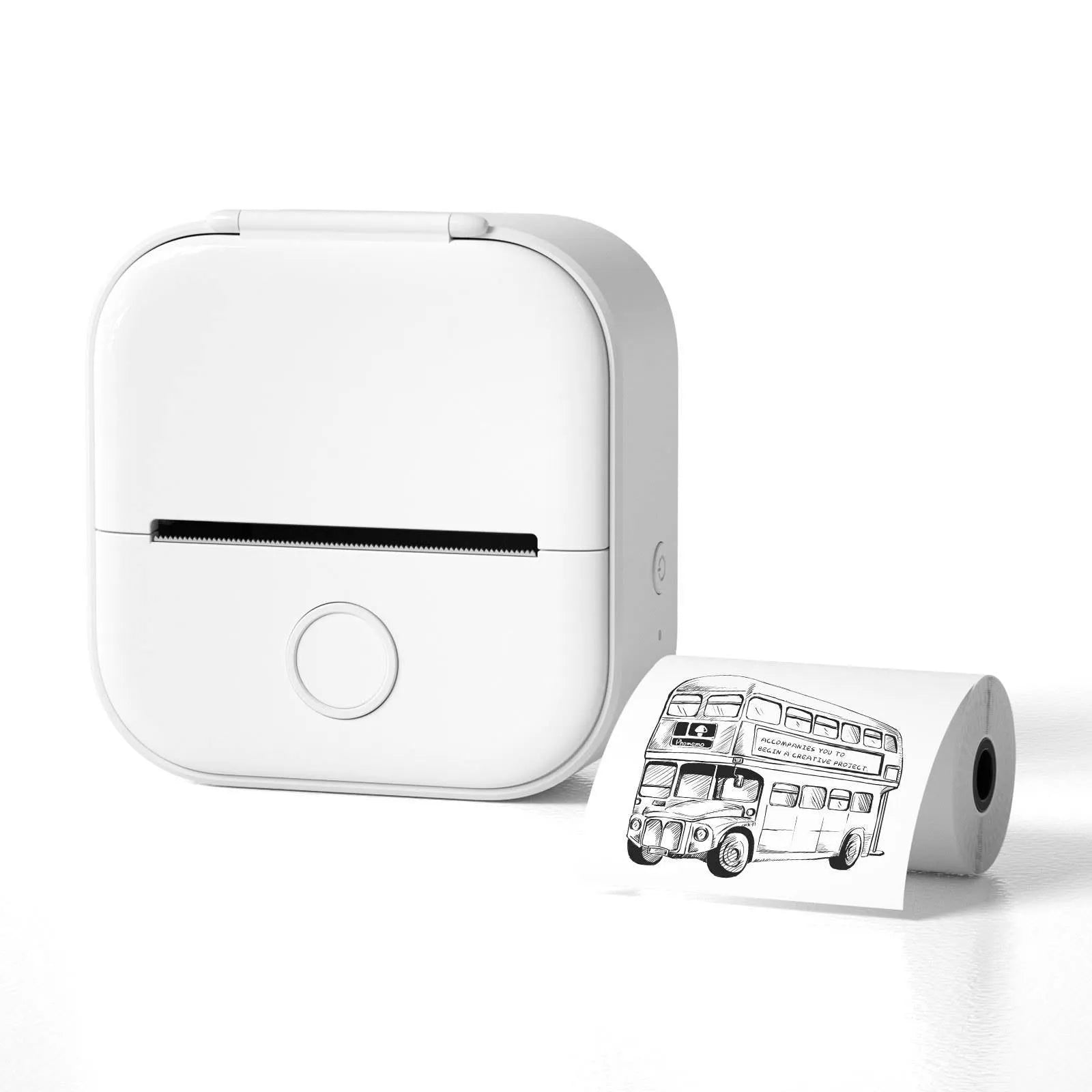 Mini thermal printer with rabbit ear protective case showing colour options including pink, green, white, blue, and yellow variants