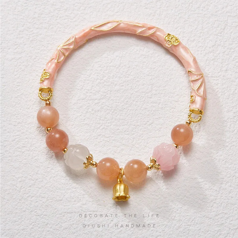 Traditional Chinese sunstone jinsi jade half bracelet with geometric shape and lily design elements