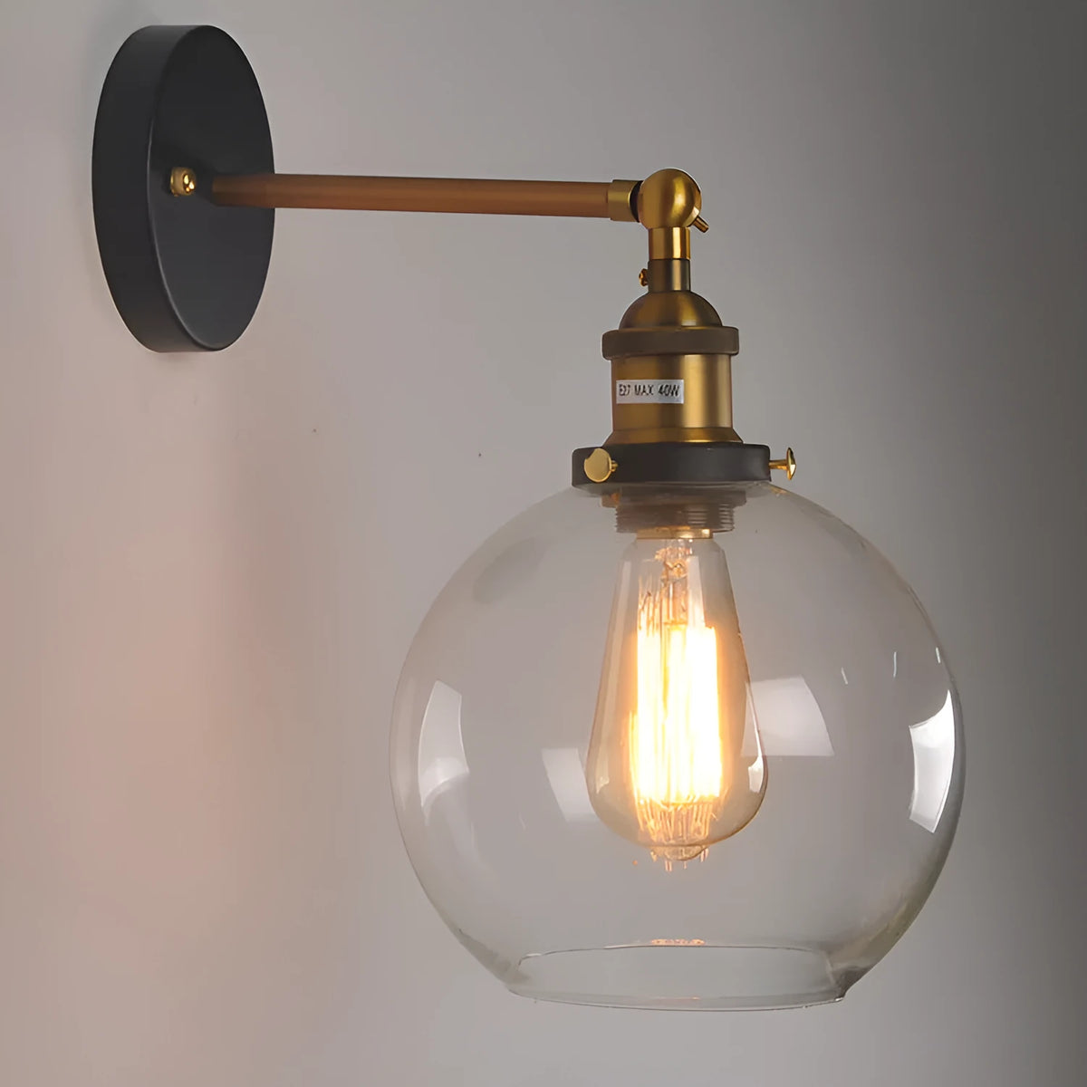 20cm retro round ball glass wall lamp with aluminium E27 holder, 220V, in transparent, amber, or smoky grey