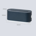 Blue and white power strip storage box with lid showing cable holes and internal phone slot