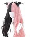 Harajuku Japanese Lolita long curly wig in black and pink colours with bangs on a wig stand.