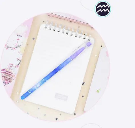 Box containing 12 constellation-themed plastic gel pens with quick-drying ink