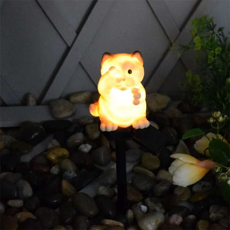 Brown cat-shaped solar lawn light with LED illumination for garden decoration