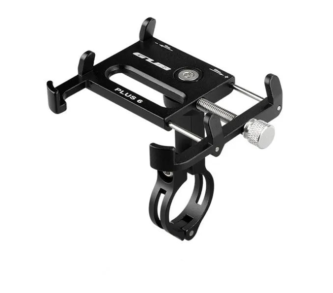 Black aluminium alloy GUB motorcycle phone holder mounted on bicycle handlebars, showing phone clamp.
