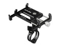 Black aluminium alloy GUB motorcycle phone holder mounted on bicycle handlebars, showing phone clamp.