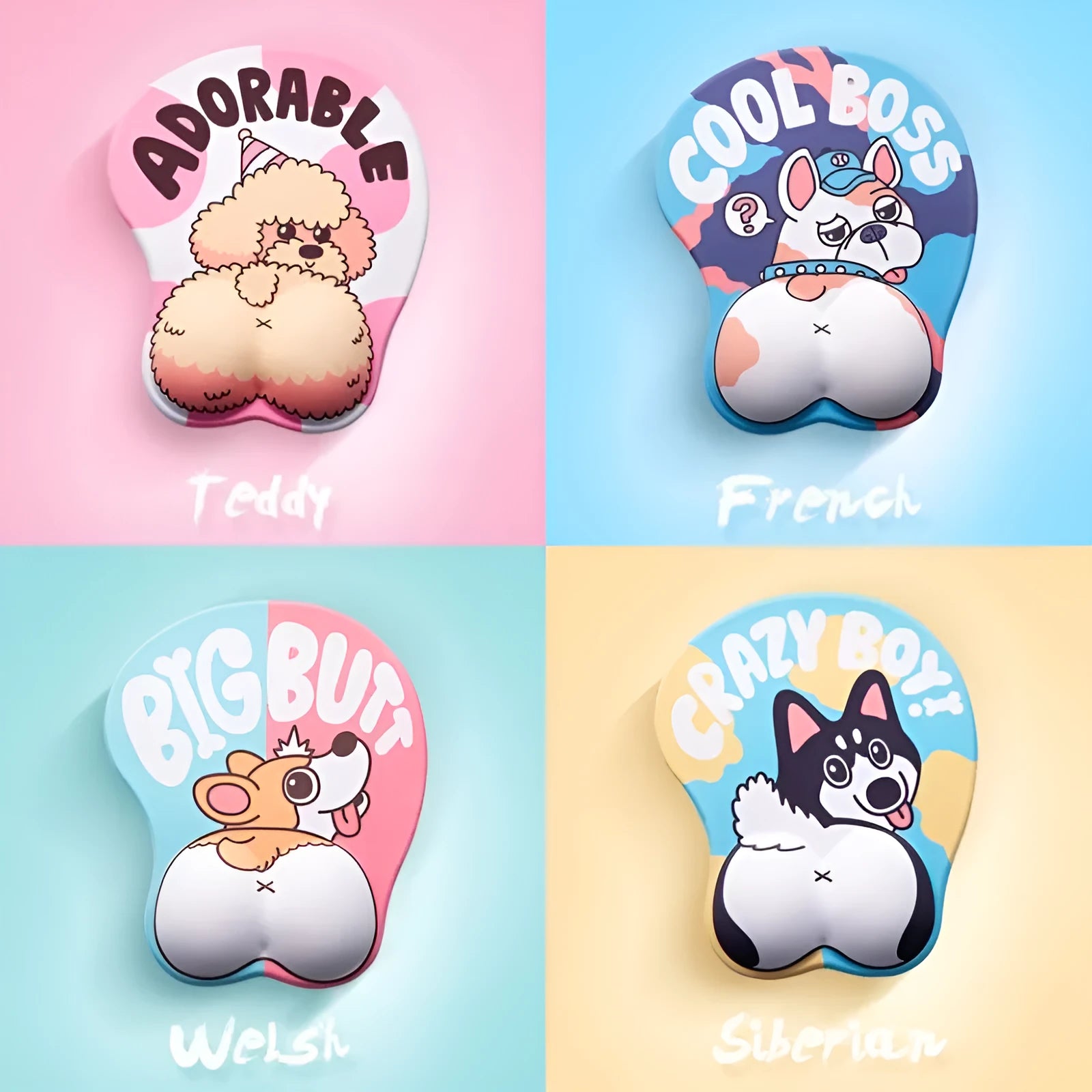 3D corgi design computer mouse pad with integrated soft wrist support cushion on desk.